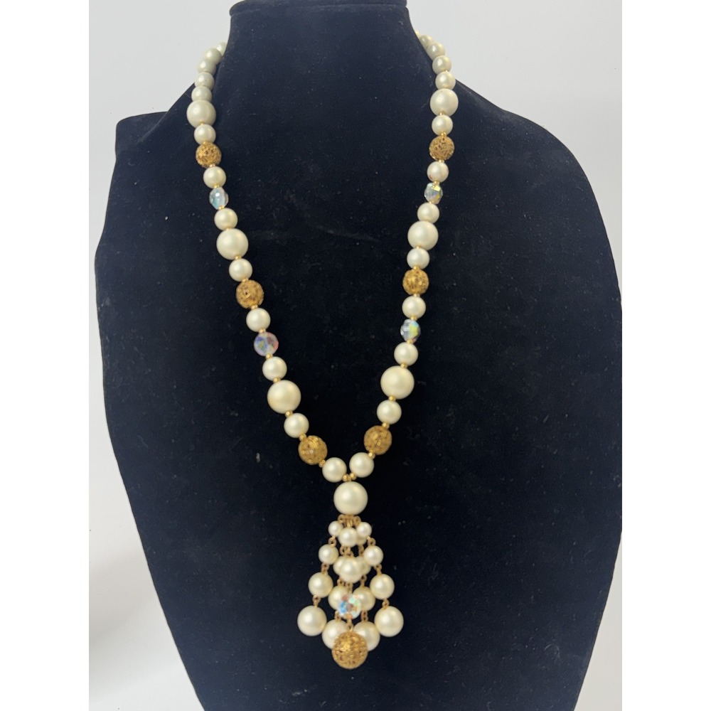 Vintage Faux Pearl Filigree Bead Aurora Borealis Crystal Drop Necklace 28 Inch